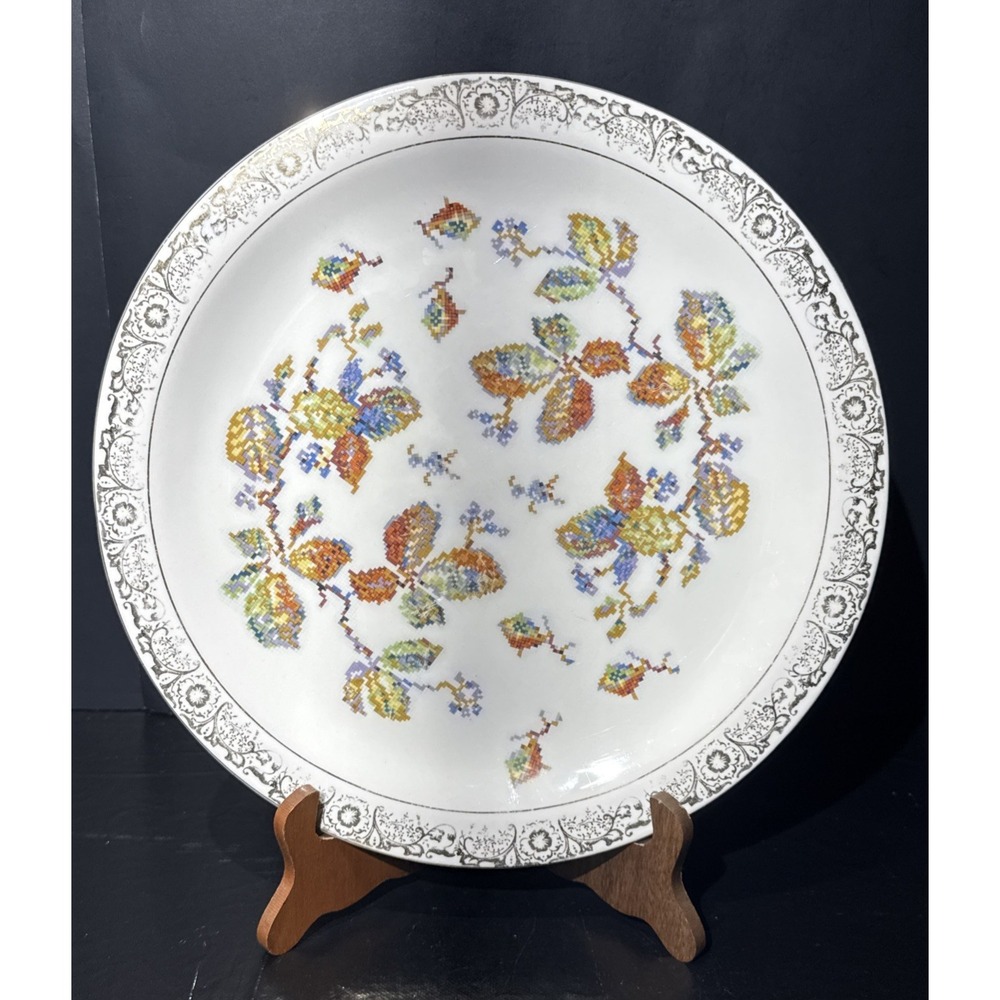 Vintage Crooksville China Cross Stitch Needlepoint Leaf Pattern Serving Dish 12‎